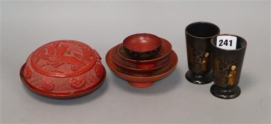 A Chinese cinnabar lacquer cover and a group of Japanese lacquer wares